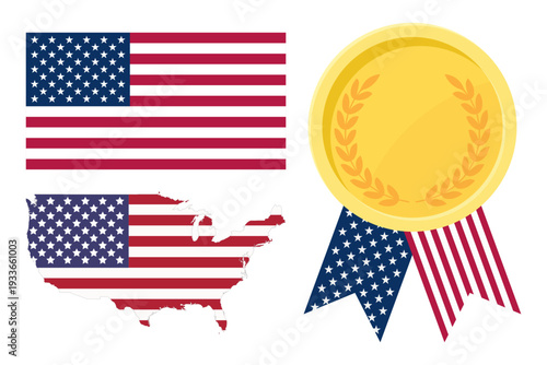 USA flag with map and gold medal in set for web and banners or app and games