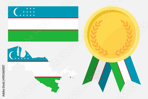 Uzbekistan flag with map and gold medal in set for web and banners or app and games