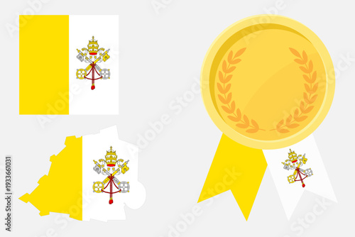 Vatican flag with map and gold medal in set for web and banners or app and games