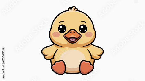 Adorable yellow cartoon duckling character with orange beak and feet smiling happily with rosy cheeks on white background
