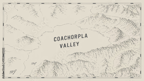 Vintage map illustration of coachorpla valley with mountains and terrain details in a classic aged aesthetic
