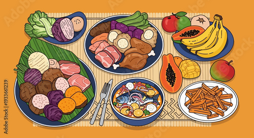 Assorted food items including fruits and vegetables on multiple plates arranged on a tabletop viewed from directly above