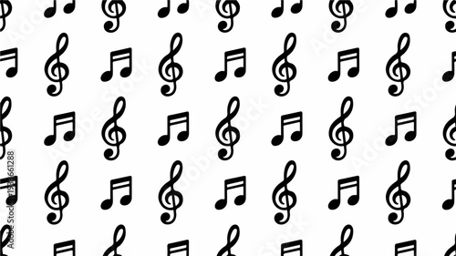 Black music notes and treble clefs on white background symbolizing harmony and melody in a minimalist design