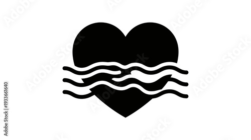 Black silhouette of a heart partially submerged in wavy water, symbolizing emotional depth, overwhelming feelings, or love in difficult times, a powerful metaphor.