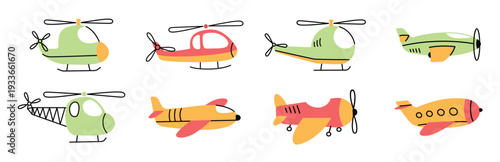 airplane and helicopter doodle cartoon kids vector illustration