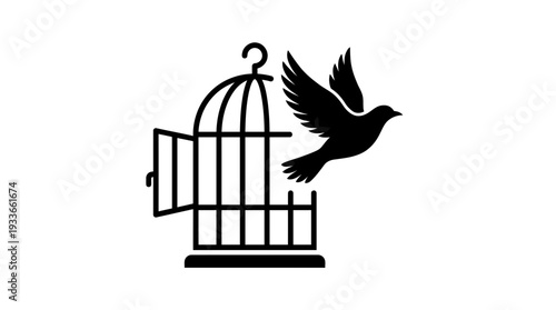 Silhouette of a bird flying out of an open cage, symbolizing freedom, escape, liberation, and the breaking of boundaries, a powerful metaphor for release.