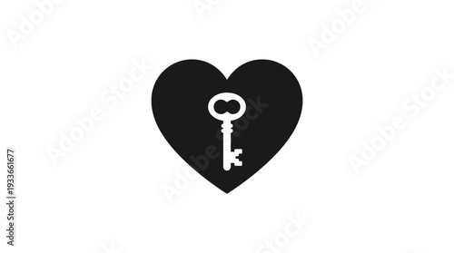 A black heart icon with a white vintage key in the center, representing secret love, unlocking emotions, finding the key to someone's heart, and romantic connection.