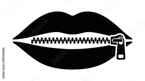 Stylized black lips with a zipper across the mouth, symbolizing silence, secrecy, confidentiality, keeping quiet, and the concept of 'saying nothing'.