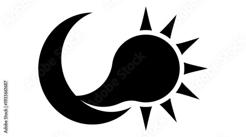 A crescent moon transforming into a radiant sun with sharp rays, representing the transition from night to day, duality, change, and the cycle of time.