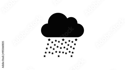 Black silhouette of a cloud raining small stars, symbolizing a magical or whimsical weather event, dreams, wishes, or a celestial shower of good fortune and wonder.
