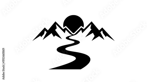 Black silhouette of a winding mountain path leading towards a sun or moon between two jagged peaks, representing journey, adventure, and nature's grandeur in a minimalist landscape graphic.