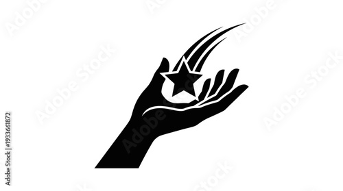Black silhouette of a human hand gently catching a falling star, representing dreams, wishes, aspirations, and seizing opportunities in a symbolic, minimalist vector graphic.