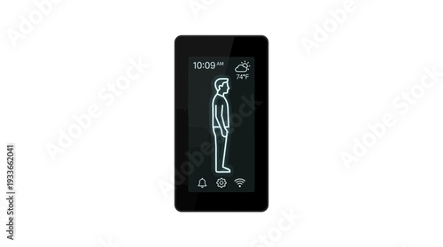 Futuristic smart mirror icon displaying time, weather, and a silhouette of a person, with icons for settings, notifications, and Wi-Fi, representing advanced home technology and personalized informati
