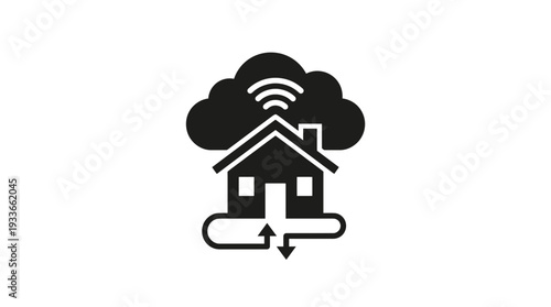 Black icon representing a smart home connected to the cloud via Wi-Fi, symbolizing data transfer and integration with smart devices, illustrating modern home networking and digital infrastructure.