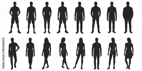 Assortment of Black Silhouettes of Men and Women Posed on White Background people woman