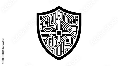 Digital shield icon with a circuit board pattern, representing cybersecurity and data protection for smart homes and technology systems, conveying security, safety, and advanced electronic defense.