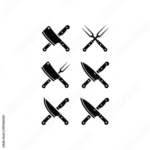 Collection of black silhouette kitchen knives and forks arranged in a grid