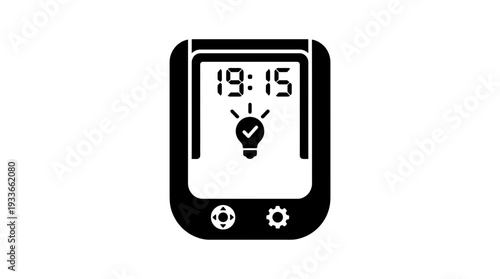 Black silhouette of a smart lighting automation timer with a digital display showing 19:15 and a lightbulb icon, representing home technology and energy saving.