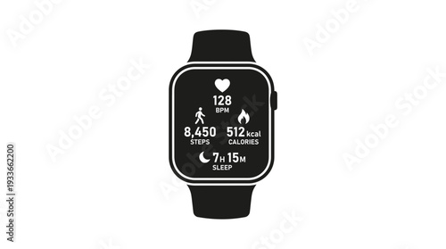Modern black smartwatch displaying health metrics like heart rate, steps, calories burned, and sleep duration against a clean white background, representing fitness tracking.