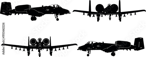 Military attack aircraft silhouette set featuring multiple views of armored ground support jet fighter with weapons, landing gear and wings isolated vector