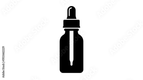 Bold black silhouette of a glass dropper bottle with a cap and pipette, representing essential oils, tinctures, serums, or laboratory solutions for precise dispensing.