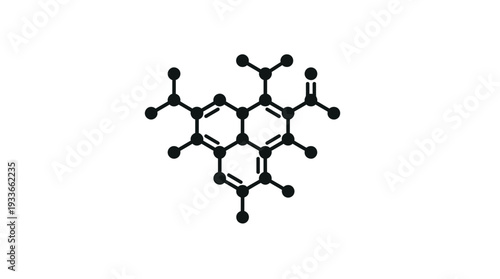 Minimalist black silhouette of a complex organic molecular structure, representing science, chemistry, and research with a clean, flat design aesthetic on a white background.