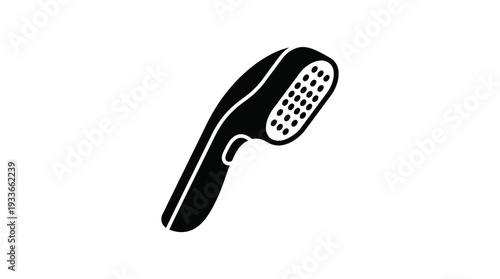 Simple black silhouette icon of a modern handheld shower head, symbolizing hygiene, bathroom, cleaning, and personal care with a clean, flat design on a white background.