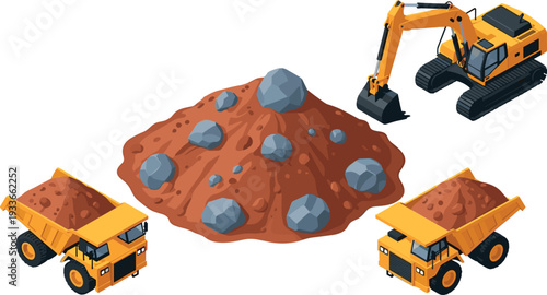 Mining and construction excavation scene with excavator digging soil and dump trucks transporting earth and rocks, heavy machinery working on quarry or construction