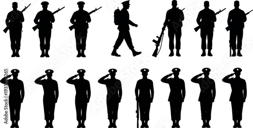Military soldier silhouettes collection featuring armed army personnel standing, walking and saluting with rifles, uniformed troops isolated, defense forces security and military service