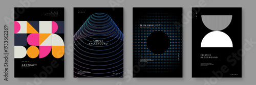 Set of four dark themed posters using geometric neo-retro shapes colorful blocks and halftone dot patterns for modern impact