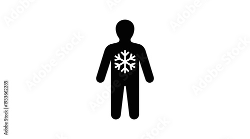 Black silhouette of a human figure with a snowflake inside the torso, symbolizing cold, hypothermia, or a frozen state, isolated on a white background.
