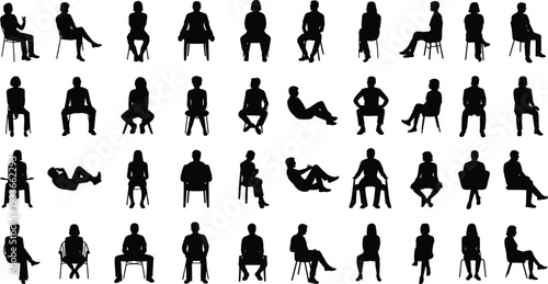 Collection of black silhouettes of people sitting in various poses on white background variety