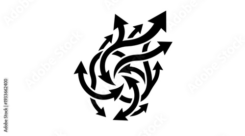 Abstract black silhouette of tangled arrows radiating outwards from a central vortex, symbolizing growth, change, and complex pathways in a dynamic system.