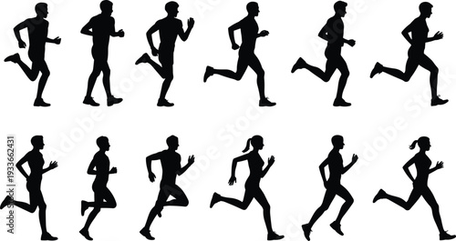 Collection of male and female runners in silhouette in various running poses Keywords: silhouette, runner, running, athlete