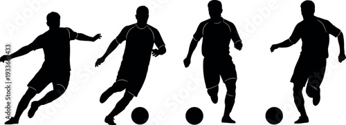 Soccer player silhouettes collection showing football athletes dribbling ball, running and controlling movement poses, sport action figures isolated for football training and competition
