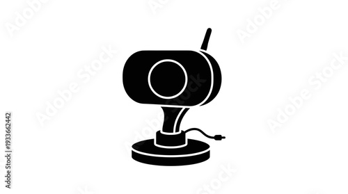 Flat black silhouette icon of a baby monitor with an antenna and base, representing child safety, parental supervision, and wireless monitoring technology for modern nurseries.