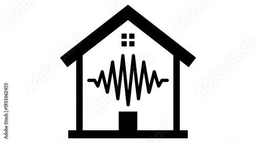Abstract sound wave graphic inside a house silhouette, representing smart home voice assistant technology, audio control, and modern home automation concepts in a clean vector icon.