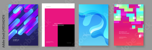 Collection of four modern abstract backgrounds featuring vibrant gradients fluid shapes and geometric patterns for creative web and print design projects