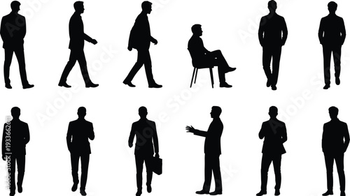 Collection of Twelve Silhouettes of Men in Suits in Various Poses on White Background male business