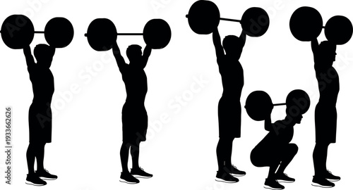 Weightlifting athlete silhouettes performing barbell overhead press and squat exercises, strength training workout poses for fitness, bodybuilding and gym training concept