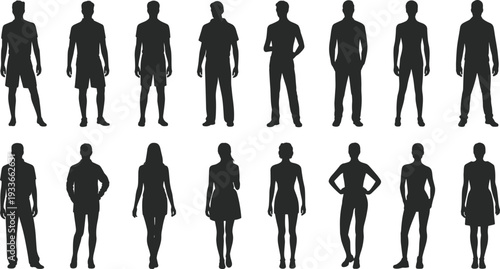 Diverse Collection of Black Silhouettes of Men and Women Standing on White Background people woman