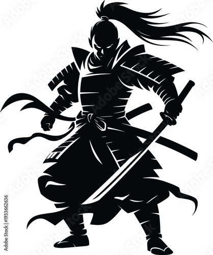 Female samurai warrior silhouette with katana sword, powerful Japanese onna bugeisha illustration isolated on white background design