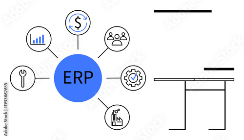 Business management, finance solutions, data analytics, workflow optimization, resource planning. Circular ERP diagram with finance, analytics, gear and factory icons. Business management