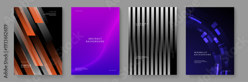 Professional set of four abstract dark backgrounds including metallic stripes halftone dots and digital tech circles for corporate use