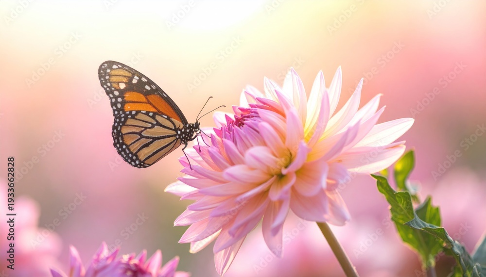 Obraz premium Monarch Butterfly on a Pink Dahlia Flower in Soft Sunlight.