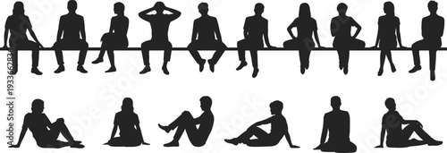 Diverse group of people in silhouette sitting and lounging on a white background vector illustration