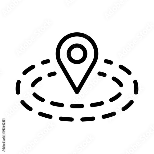 A line icon depicting a location pin surrounded by a dashed circular boundary representing a virtual perimeter