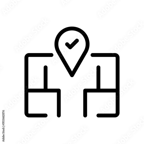 A line icon featuring a location pin with a checkmark on a map layout signifying a successful arrival or check-in