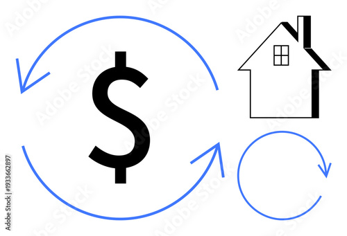 Mortgage loans, real estate investment, financial stability, cash flow, property ownership, economic growth. Dollar symbol with arrows and house icon. Mortgage loans and real estate investment