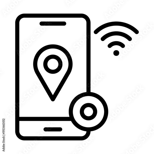 Line icon of a smartphone displaying a location pin and active wireless signals for live positioning